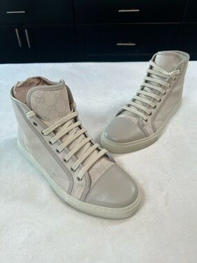 Gucci Men’s GG Canvas Leather High-Top Sneakers Embossed Sole Sz US 7.5 UK 7